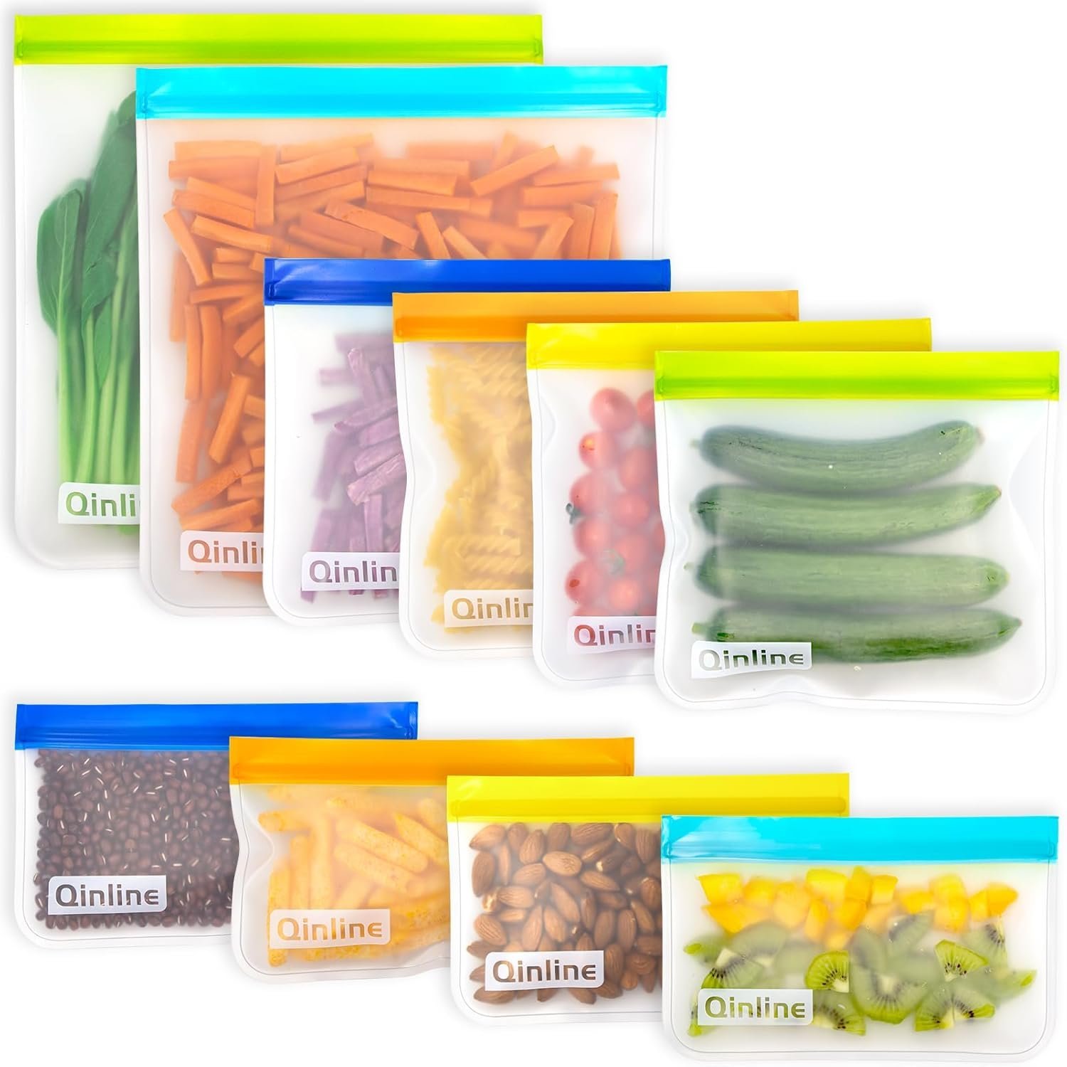 Reusable Food Storage Bags – 10‑Pack Silicone Freezer Bags, Extra Thick Leakproof Reusable Lunch Bags for Salad, Fruit & Snacks, Includes 2 Gallon, 4 Sandwich & 4 Snack Bags