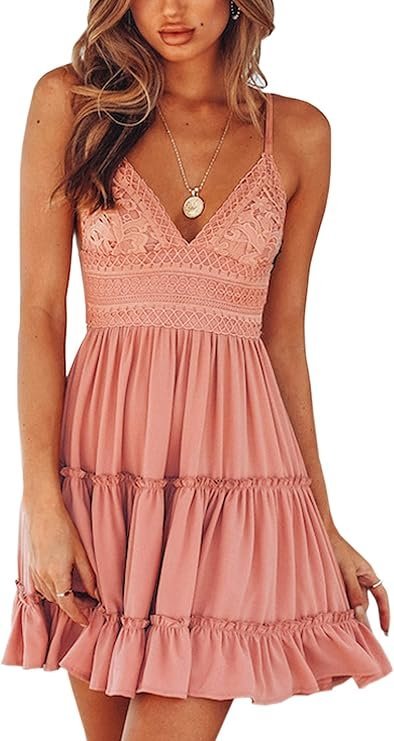ECOWISH Summer Dress for Women – 2025 V-Neck Spaghetti Strap Bowknot Backless Sleeveless Lace Mini Swing Skater Dress