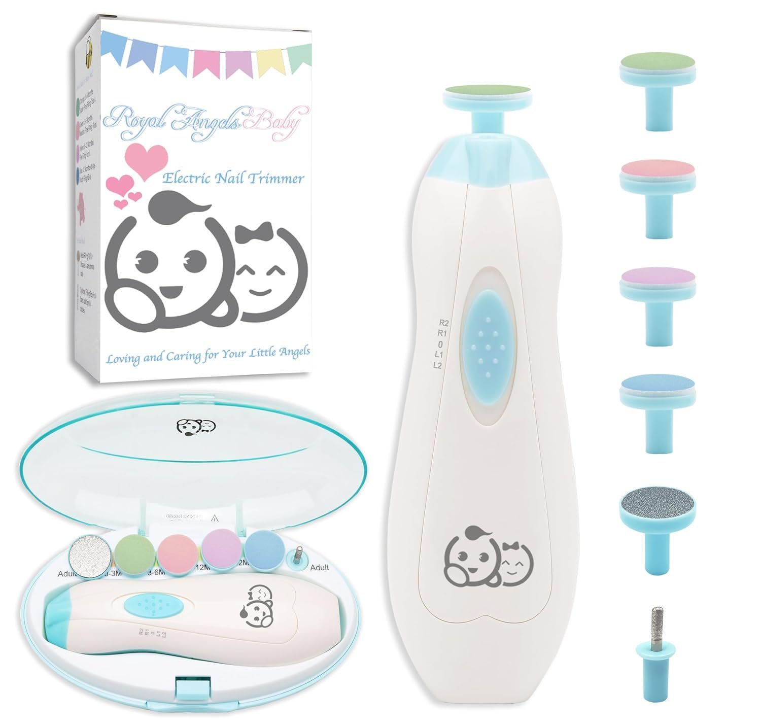Royal Angels Baby Nail Trimmer 21-in-1 Electric Nail File Kit with Labeled Case & 13 Replacement Heads – Safe Nail Care for Newborns, Babies & Toddlers (Blue) - Image 10