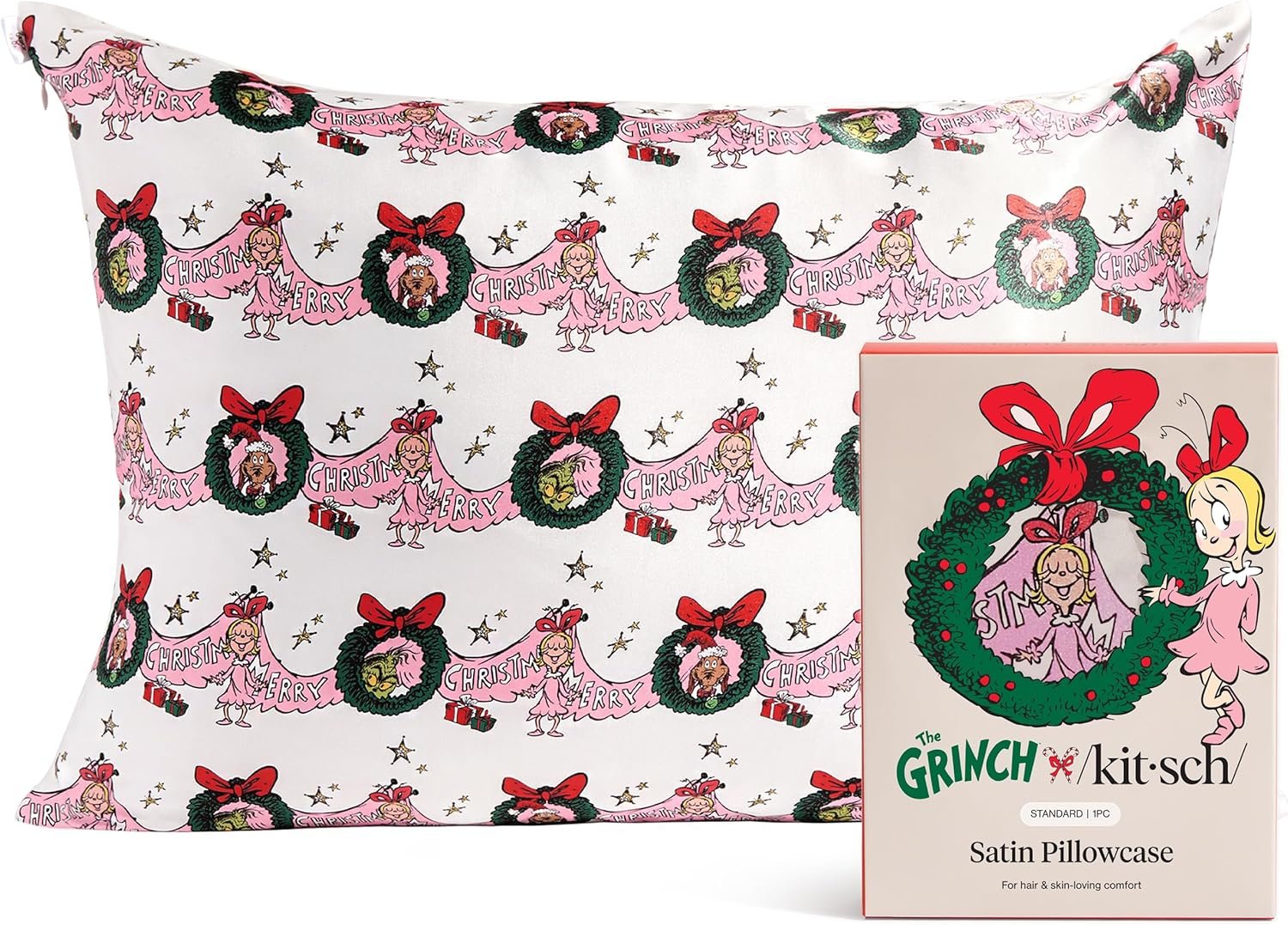 The Grinch x Kitsch Satin Pillowcase for Hair and Skin Cooling Wrinkle Reducing Pillow Cover with Zipper King Size - Who-Ville - Image 26