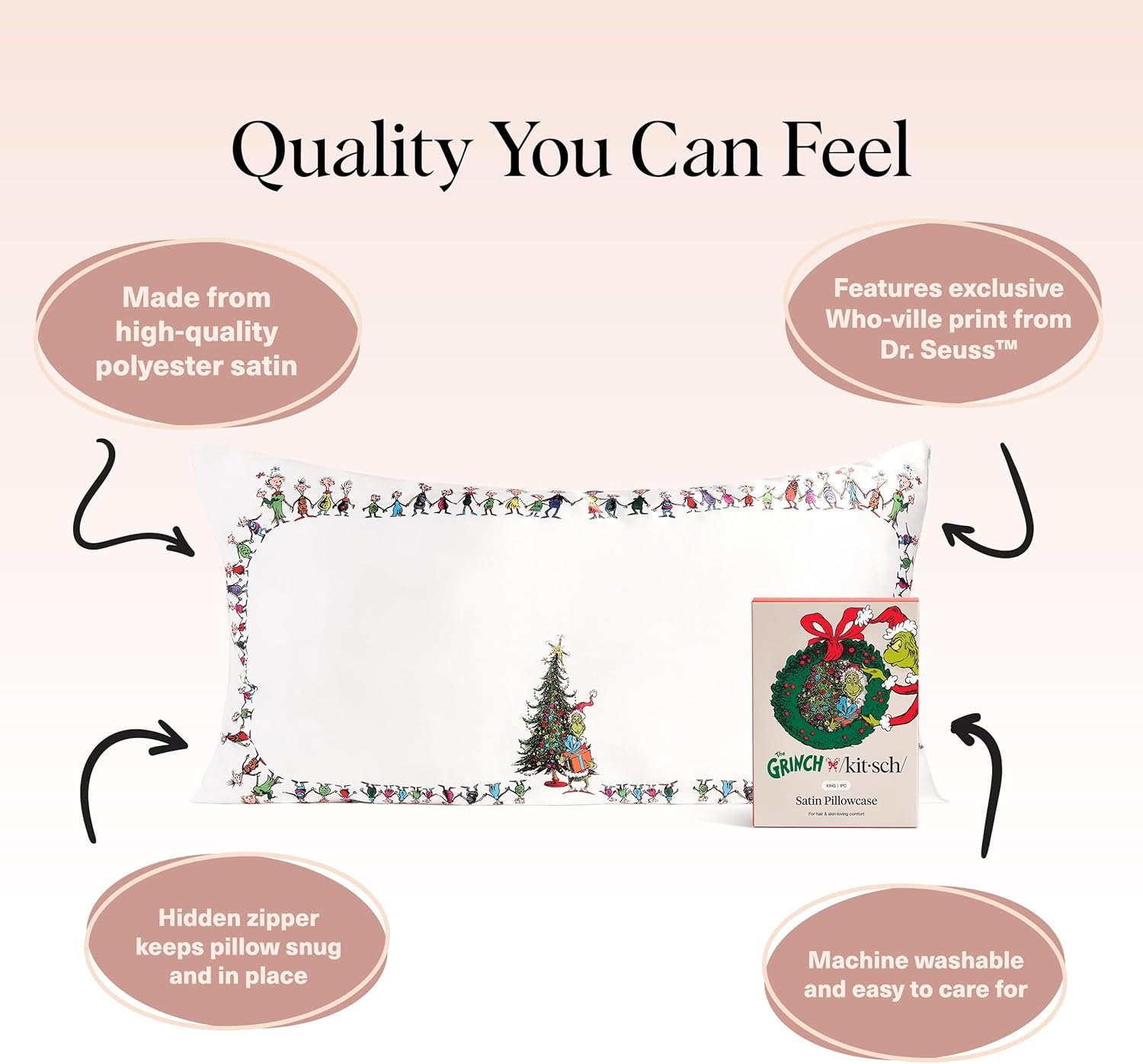 The Grinch x Kitsch Satin Pillowcase for Hair and Skin Cooling Wrinkle Reducing Pillow Cover with Zipper King Size - Who-Ville - Image 4