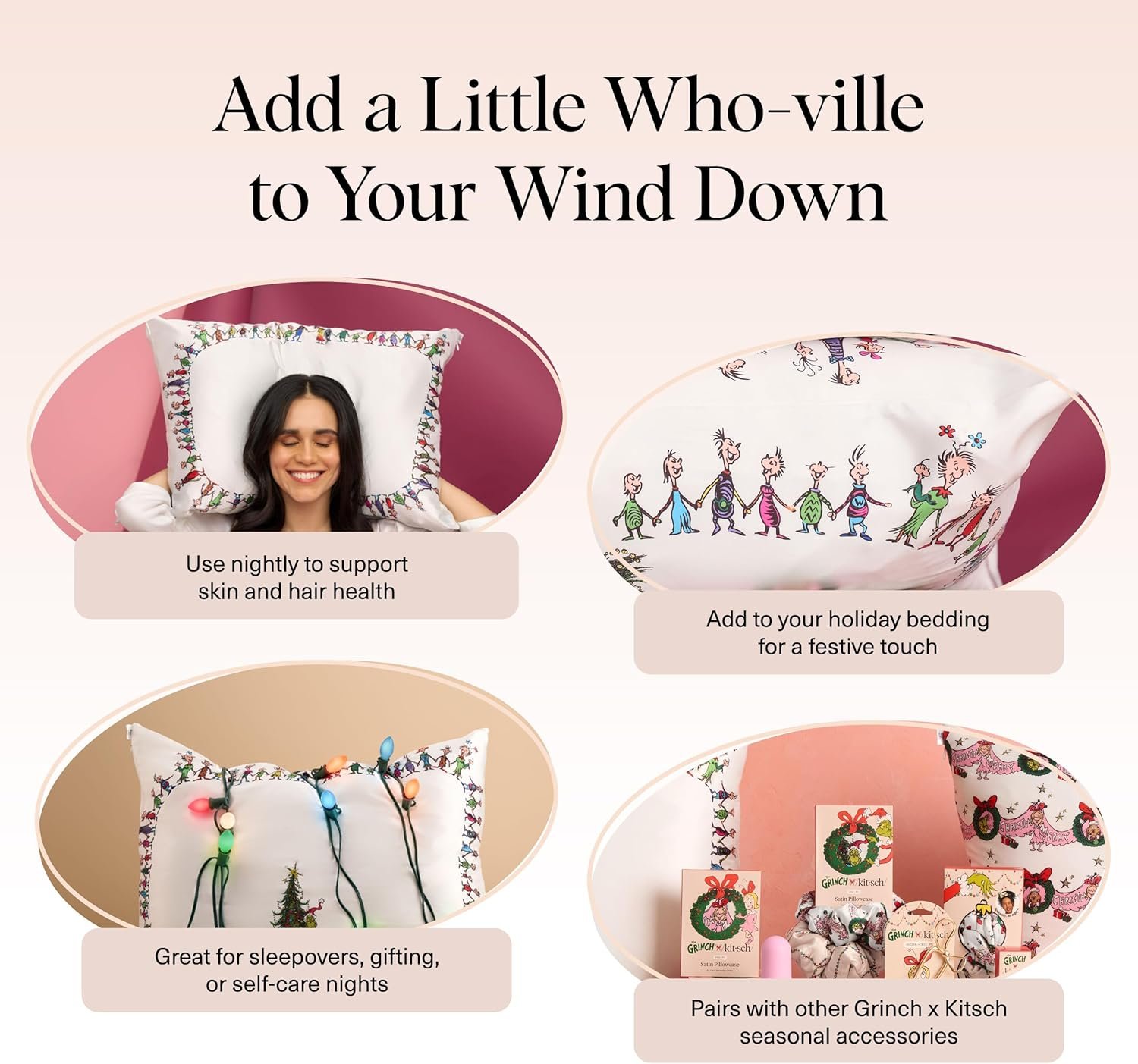 The Grinch x Kitsch Satin Pillowcase for Hair and Skin Cooling Wrinkle Reducing Pillow Cover with Zipper King Size - Who-Ville - Image 6