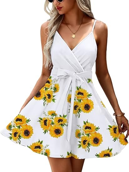 ECOWISH Summer Dress for Women – 2025 V-Neck Spaghetti Strap Bowknot Backless Sleeveless Lace Mini Swing Skater Dress - Image 17