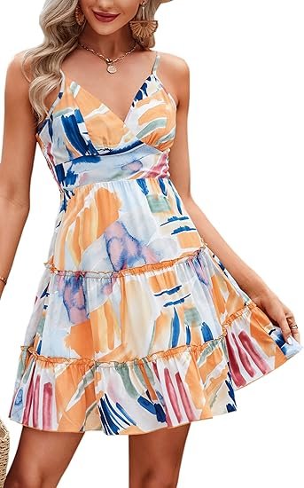 ECOWISH Summer Dress for Women – 2025 V-Neck Spaghetti Strap Bowknot Backless Sleeveless Lace Mini Swing Skater Dress - Image 18