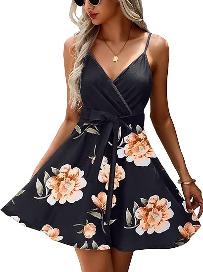 ECOWISH Summer Dress for Women – 2025 V-Neck Spaghetti Strap Bowknot Backless Sleeveless Lace Mini Swing Skater Dress - Image 22