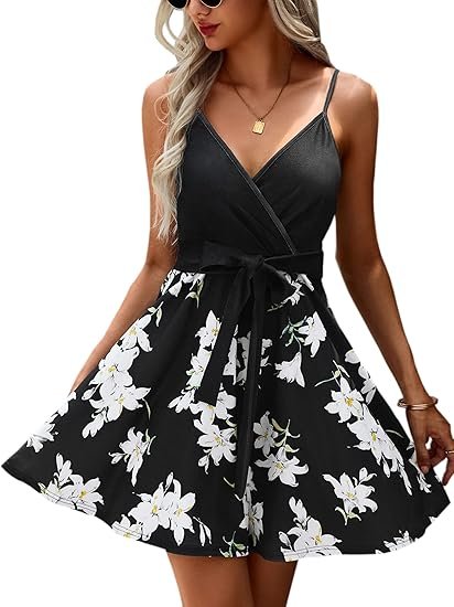 ECOWISH Summer Dress for Women – 2025 V-Neck Spaghetti Strap Bowknot Backless Sleeveless Lace Mini Swing Skater Dress - Image 23