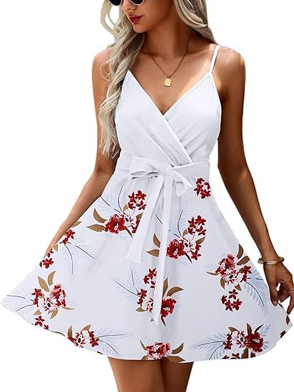 ECOWISH Summer Dress for Women – 2025 V-Neck Spaghetti Strap Bowknot Backless Sleeveless Lace Mini Swing Skater Dress - Image 26