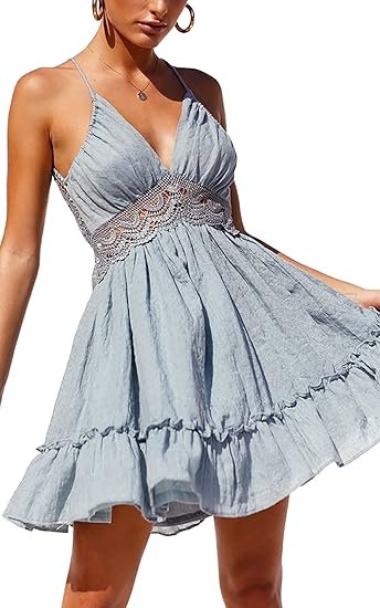 ECOWISH Summer Dress for Women – 2025 V-Neck Spaghetti Strap Bowknot Backless Sleeveless Lace Mini Swing Skater Dress - Image 29