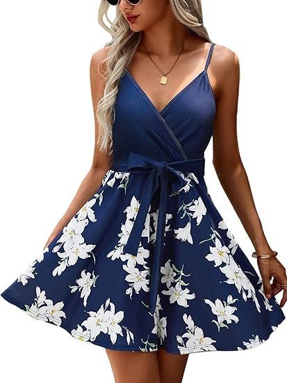 ECOWISH Summer Dress for Women – 2025 V-Neck Spaghetti Strap Bowknot Backless Sleeveless Lace Mini Swing Skater Dress - Image 32