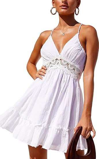 ECOWISH Summer Dress for Women – 2025 V-Neck Spaghetti Strap Bowknot Backless Sleeveless Lace Mini Swing Skater Dress - Image 36