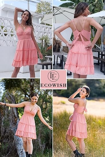 ECOWISH Summer Dress for Women – 2025 V-Neck Spaghetti Strap Bowknot Backless Sleeveless Lace Mini Swing Skater Dress - Image 6