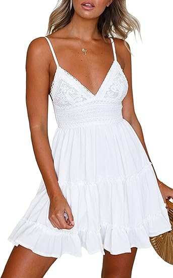 ECOWISH Summer Dress for Women – 2025 V-Neck Spaghetti Strap Bowknot Backless Sleeveless Lace Mini Swing Skater Dress - Image 7