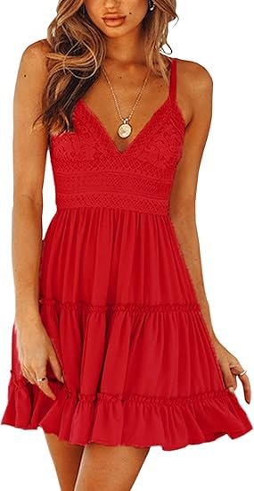 ECOWISH Summer Dress for Women – 2025 V-Neck Spaghetti Strap Bowknot Backless Sleeveless Lace Mini Swing Skater Dress - Image 9
