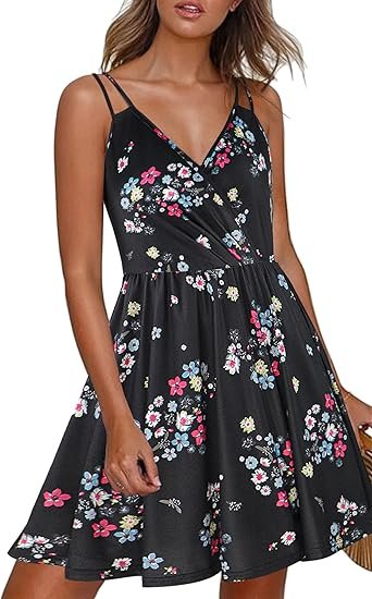 ECOWISH Summer Dress for Women – 2025 V-Neck Spaghetti Strap Bowknot Backless Sleeveless Lace Mini Swing Skater Dress - Image 10