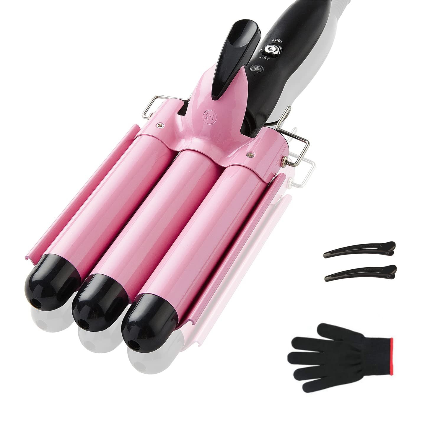 TOP4EVER 3-Barrel Curling Iron – 1″ Ceramic Hair Waver & Crimper for Beach Waves (Pink)