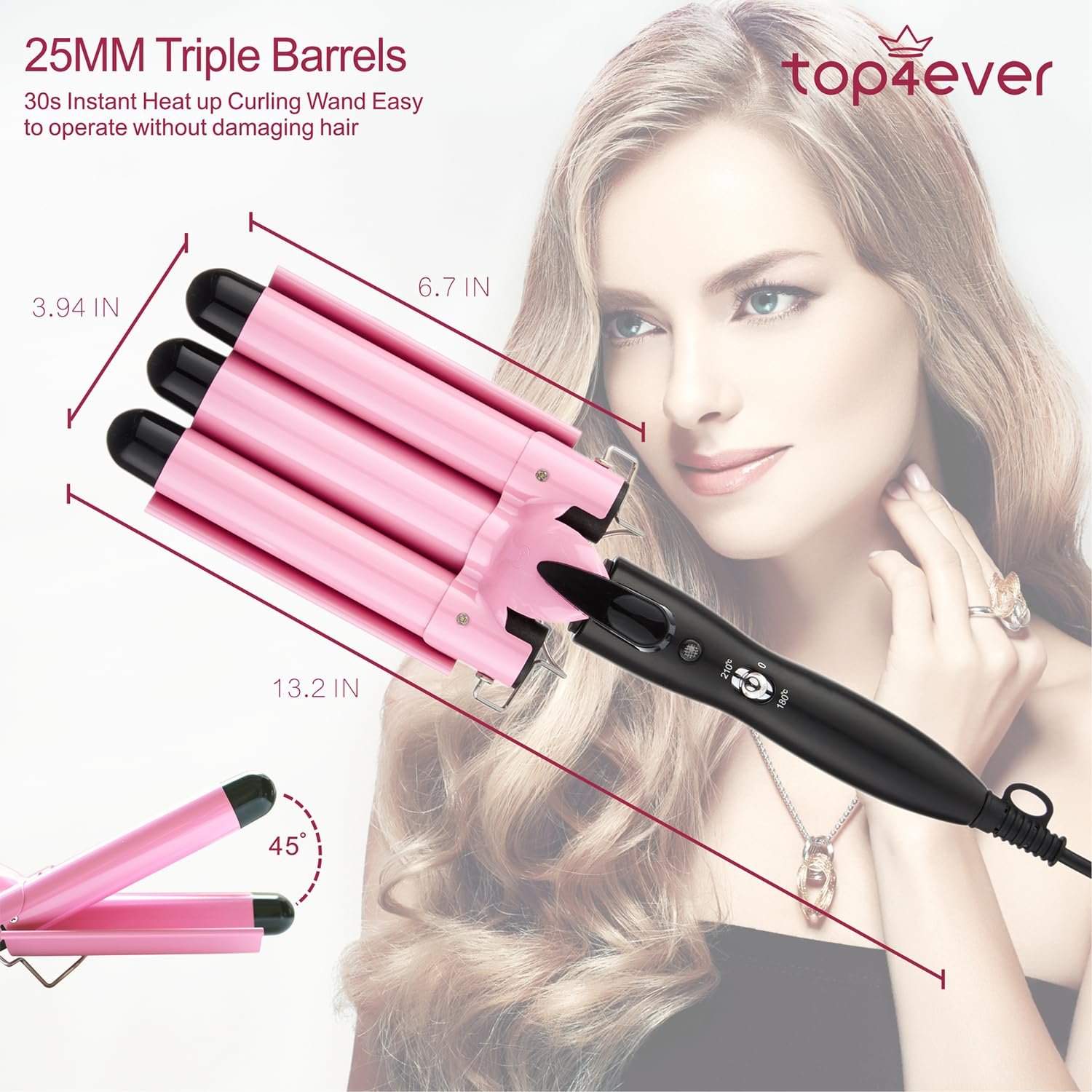 TOP4EVER 3-Barrel Curling Iron – 1″ Ceramic Hair Waver & Crimper for Beach Waves (Pink) - Image 2