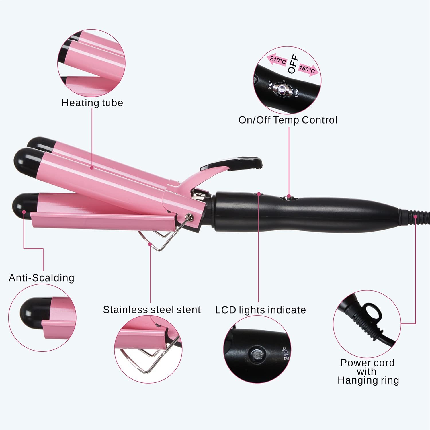 TOP4EVER 3-Barrel Curling Iron – 1″ Ceramic Hair Waver & Crimper for Beach Waves (Pink) - Image 3